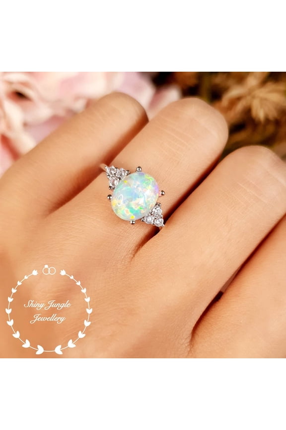 Three Stone Style Opal Engagement Ring, 8*10 mm White Fire Opal Cabochon Ring, October Birthstone Promise Ring