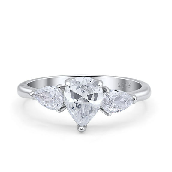 Three Stone Teardrop Pear Art Deco Cubic Zirconia Ring Band 925 Sterling Silver Size 6