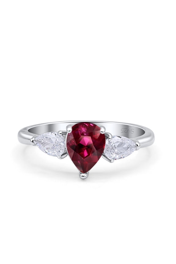 Three Stone Teardrop Pear Art Deco Ruby CZ Ring Band 925 Sterling Silver Size 10