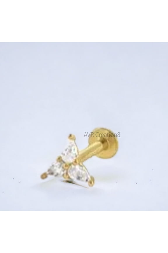 Three Stone Triangle Shape Stud Earrings, 14K Yellow Gold Plated Minimalist Jewelry Gift for Girlfriend