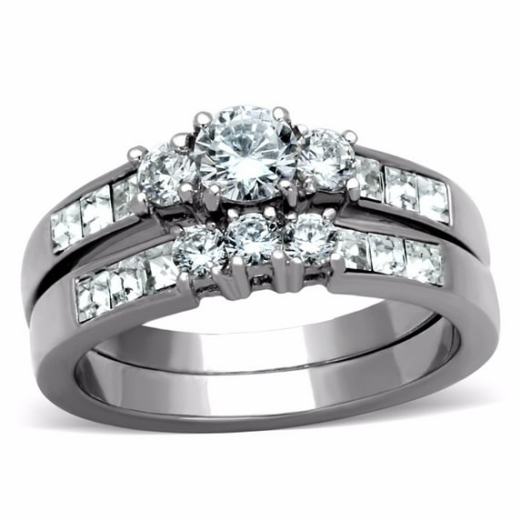 Three-Stone Type 5x5mm Round CZ Stainless Steel Twins Wedding Ring Set - Size 7