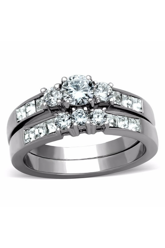 Three-Stone Type 5x5mm Round CZ Stainless Steel Twins Wedding Ring Set - Size 8