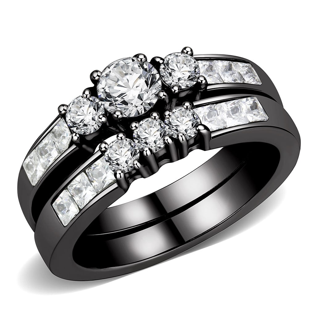 Three-Stone Type Round CZ Black IP Stainless Steel Womens Wedding Ring Set  - Size 9