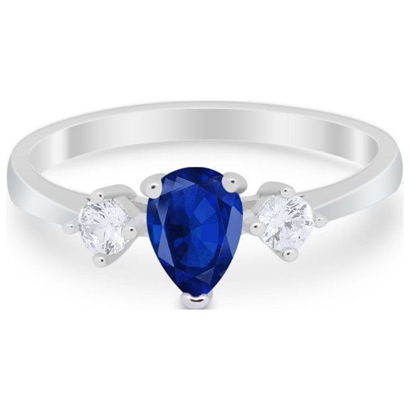 Three Stone Wedding Bridal Ring Pear Blue Sapphire CZ 925 Sterling Silver size 8