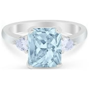 BLUE APPLE JEWELRY Three Stone Wedding Ring Simulated Aquamarine CZ 925 Sterling Silver Size 5