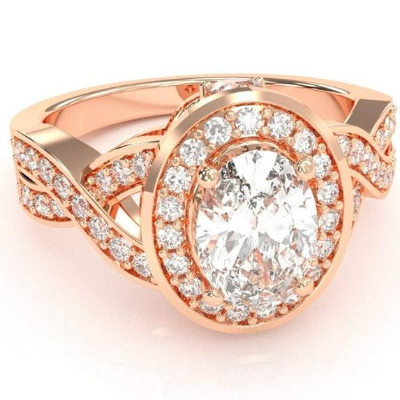 Three Stone White Topaz Diamond Peekaboo Halo Engagement Ring In 14k Rose Gold