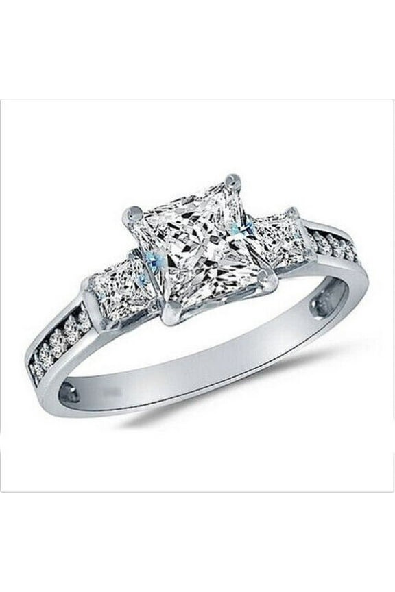 Three Stone Women's Engagement Ring, Accents Pave Set Wedding Ring, 2.2 Ct Princess Cut Diamond Wedding Ring, 14K White Gold Plated, Luxury Diamond Ring Gift For Special Occasion