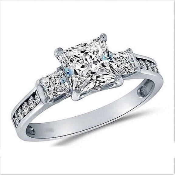 Accents Pave Set Wedding Ring, Women's Engagement Ring, 1.8 Ct Princess Cut Simulated Diamond, 14K White Gold Plated, Luxury Gift For Special Occasion