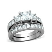 Three Stone type 6mm Princess cut CZ Women's Stainless Steel Engagement Ring Set - Size 7