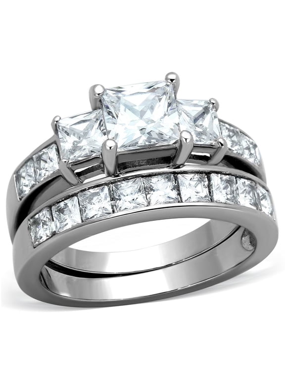 Three Stone type 6mm Princess cut CZ Women's Stainless Steel Engagement Ring Set - Size 8