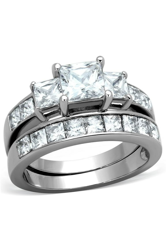 Three Stone type 6mm Princess cut CZ Women's Stainless Steel Engagement Ring Set - Size 9