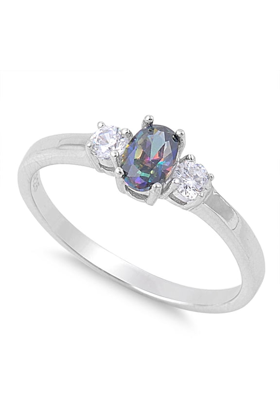 Three Stones Center Oval Mystic Simulated Topaz Cubic Zirconia Ring Sterling Silver 925