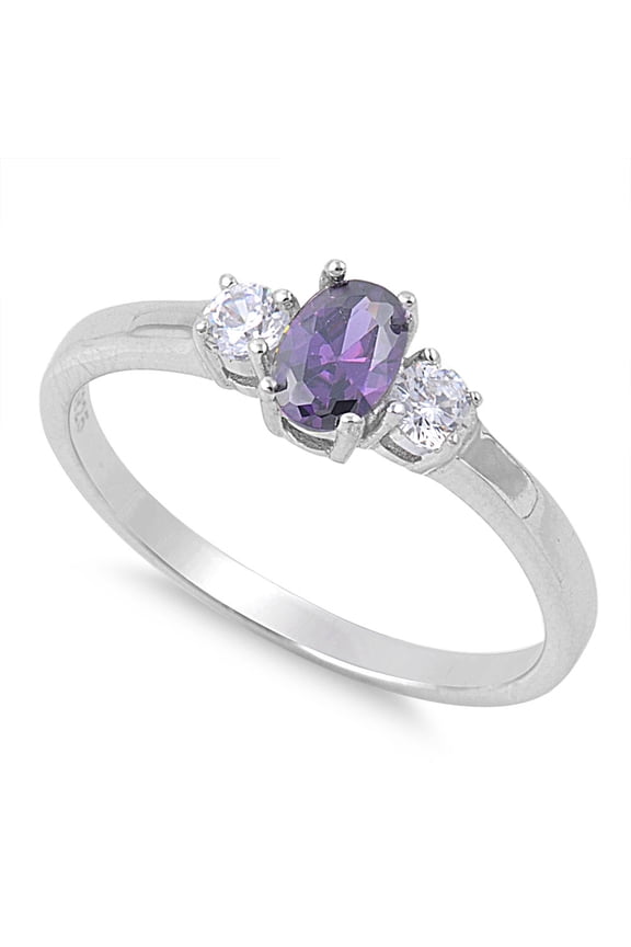 Three Stones Center Oval Simulated Amethyst Cubic Zirconia Ring Sterling Silver 925