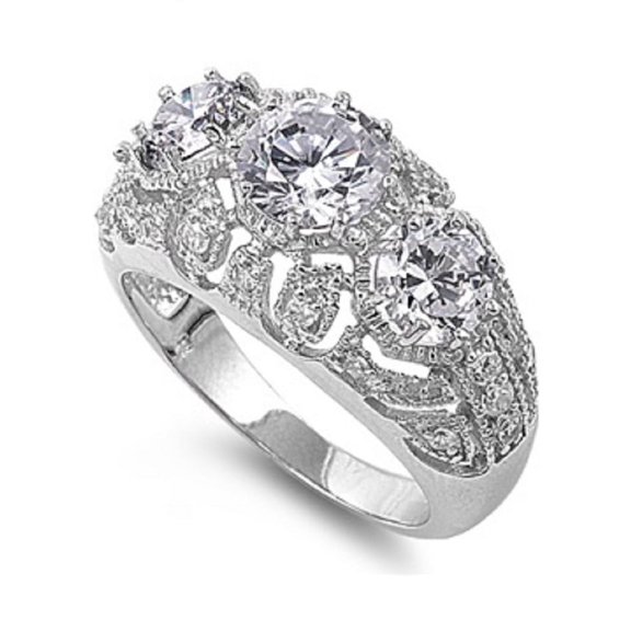 Three Stones Designer Filigree Cubic Zirconia Ring Sterling Silver 925 Size 5