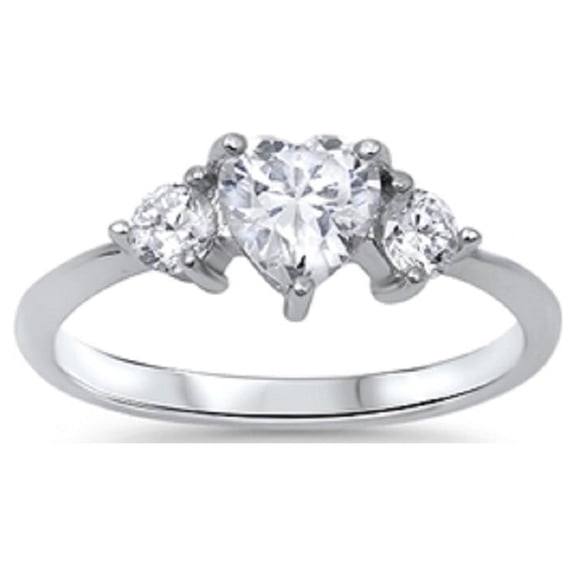 Three Stones Heart Center Cubic Zirconia Ring Sterling Silver 925