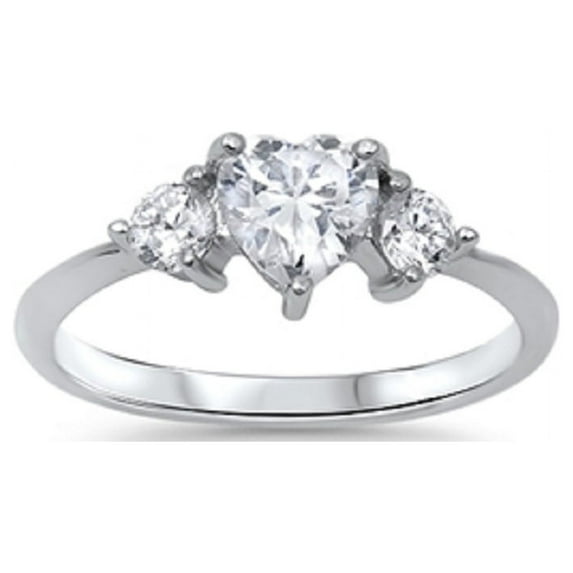Three Stones Heart Center Cubic Zirconia Ring Sterling Silver 925