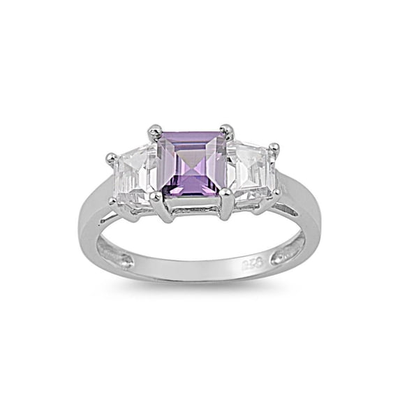 Three Stones Square Simulated Amethyst Cubic Zirconia Ring Sterling Silver 925