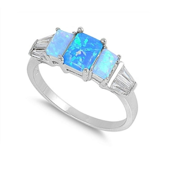 Three Stones Square Simulated Opal Cubic Zirconia Ring Sterling Silver