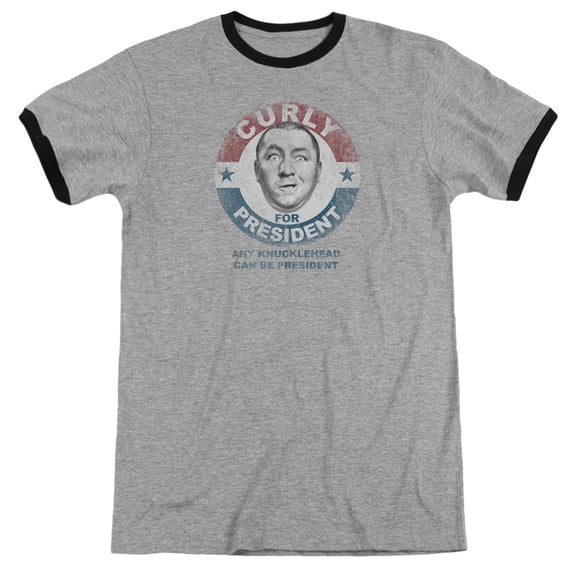 Three Stooges Curly For President Adult Ringer T-Shirt Heather Black
