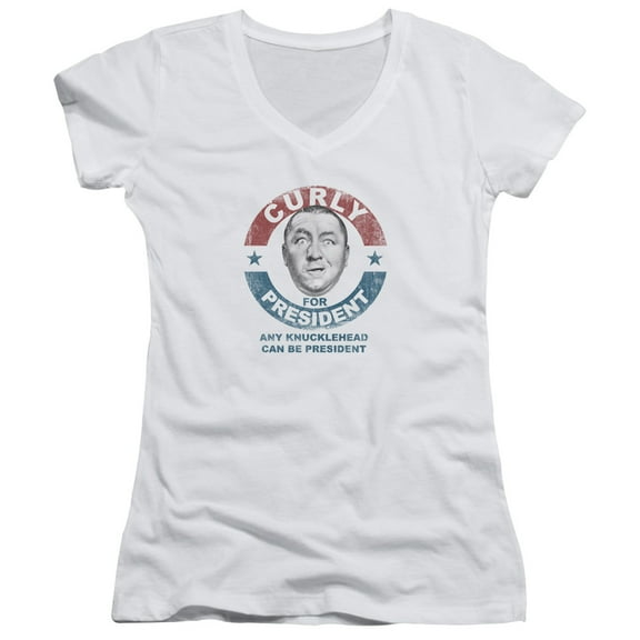 Three Stooges Curly For President Junior Women's T-Shirt V-Neck White