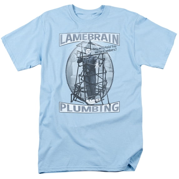 Three Stooges Lamebrain Plumbing S/S Adult 18/1 T-Shirt Light Blue