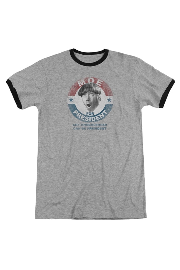 Three Stooges Moe For President Adult Ringer T-Shirt Heather Black