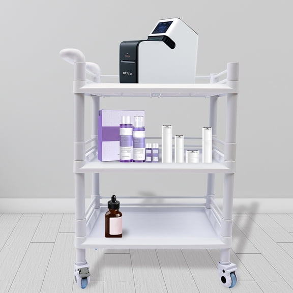 Three-Story White Tool Trolley Portable Storage Tray With Rollers High Load-Bearing Shelf