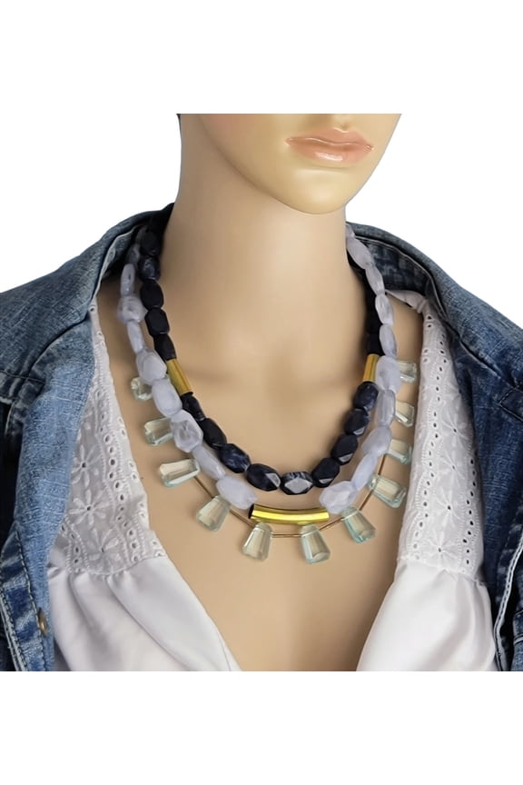 Three Strand Beaded Necklace Navy Blue Aqua 18"-19 1/2" Ladies Adult Female Women