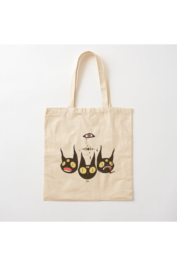 Three Strange Cat Heads. Gothic Dark Art Canvas Tote Bags, Reusable Shopping Bag