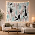 thumbnail image 1 of Three Stylized Black Cats with Pastel Leaves and Starbursts on White, Whimsical Retro for Cat Lovers, Graphic Wall Art Decor, Housewarming Gift, Tapestry Wall Hanging for Bedroom and Living Room, 1 of 7