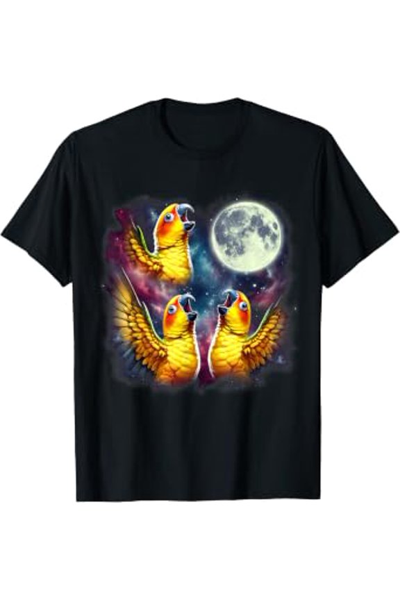 Three Sun Conures Howling At Moon Funny Meme Parrot Lover T-Shirt