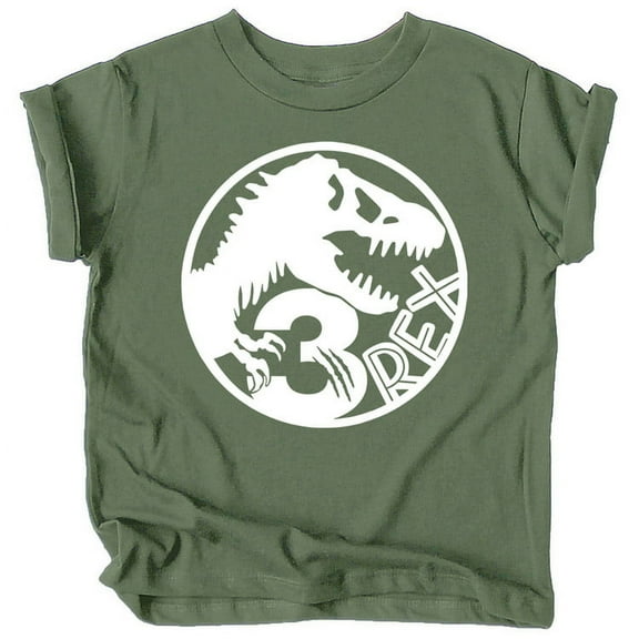 Three T-Rex Fossil Dinosaur 3rd Birthday T-Shirts for Baby Girls and Boys Third Birthday Outfit White on Military Green Shirt 3T
