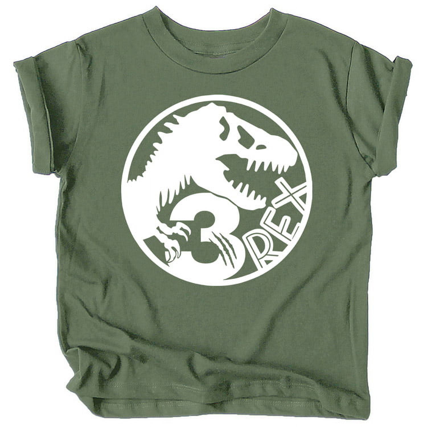 Three T Rex Fossil Dinosaur 3rd Birthday T Shirts for Baby Girls and Boys Third Birthday Outfit White on Military Green Shirt 5 6