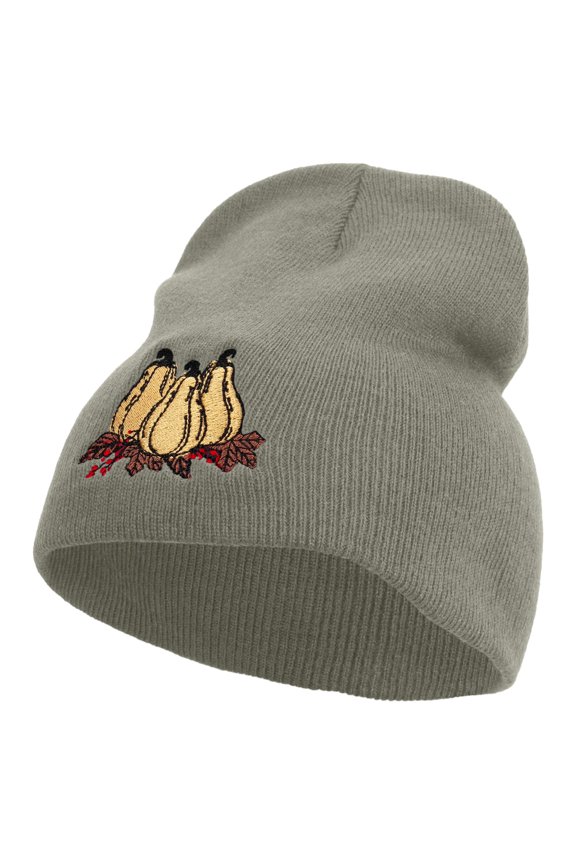 Three Thanksgiving Pumpkin Decorations Embroidered 8 inch Acrylic Short beanie - Grey OSFM