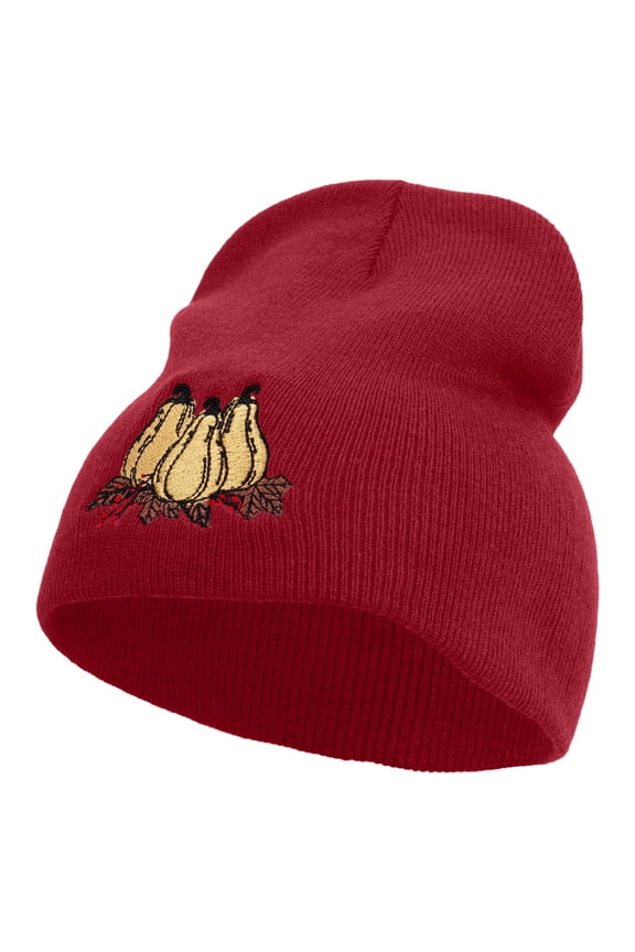Three Thanksgiving Pumpkin Decorations Embroidered 8 inch Acrylic Short beanie - Red OSFM