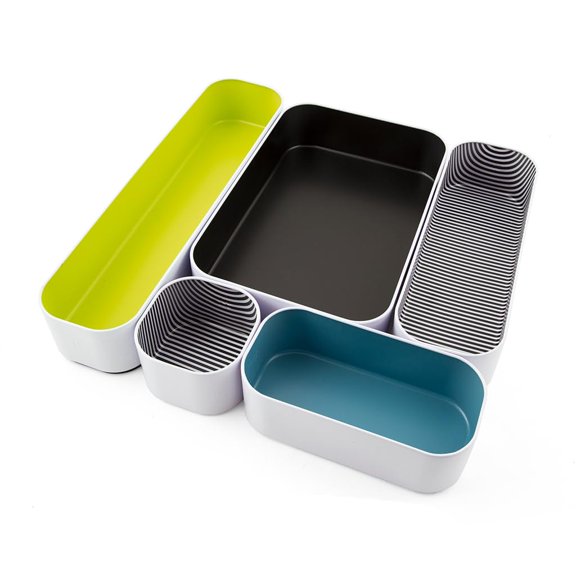 Three by Three Seattle 5 Piece Metal Organizer Tray Set for Storing Makeup, Stationery, Utensils, and More in Office Desk, Kitchen and Bathroom Drawers (2 Inch, Assorted Colors, Stripes) Y101