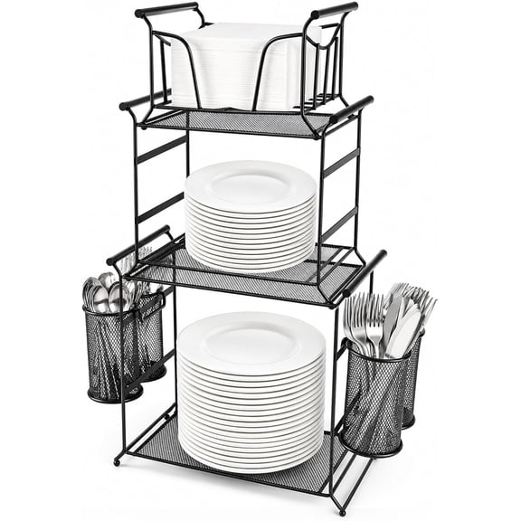 Three Tier Buffet Caddy And Seven Piece Stackable Paper Plate Utensil Holder For Party, Detachable Mesh Silverware Organizer For Countertop, Metal Serving Station For Holiday Hosting, Black