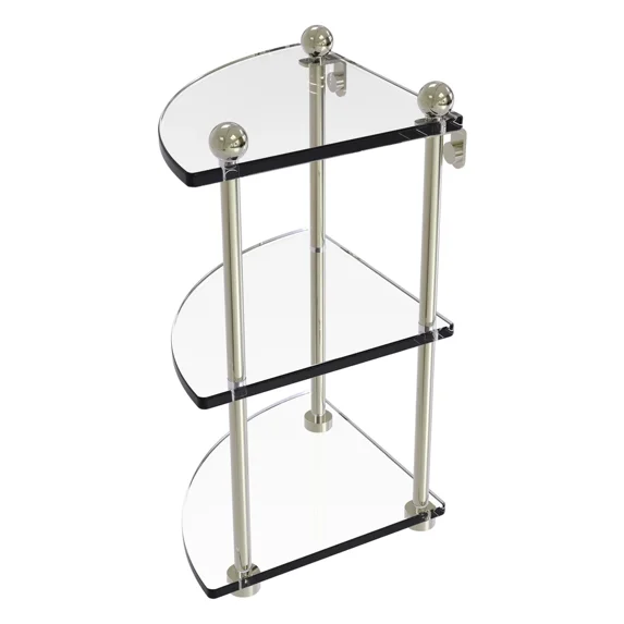 Three Tier Corner Glass Shelf in Polished Nickel