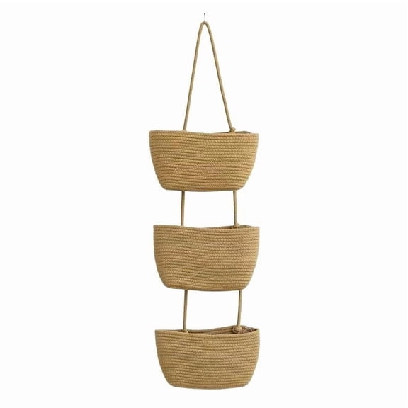 Three Tier Hanging Storage Basket, Bohemian Style Wall Organizer, Woven Rope Multi-Level Shelf for Bathroom Bedroom Entryway, Space Saving Clutter Free Solution