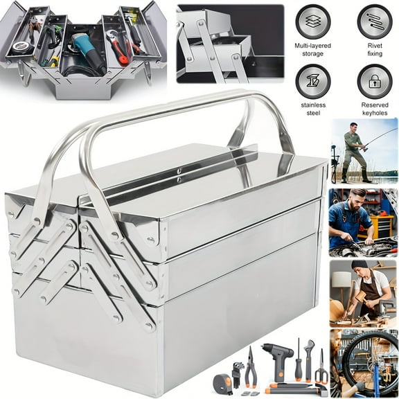 Three-Tier Heavy-Duty Stainless Steel Tool Chest with 5 Removable Trays, Lockable Doors, and Top Handle, Portable Foldable Storage Organizer for Workshop, Garage, or Job Site