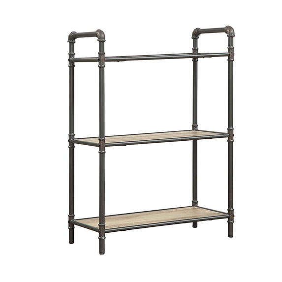 Three Tier Metal Bookshelf With Wooden Shelves in Oak Brown & Gray