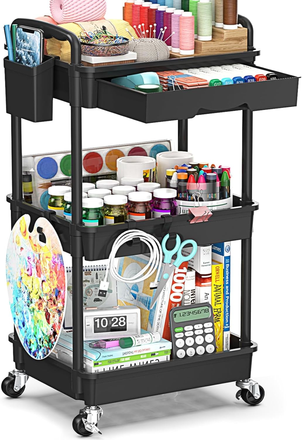 3-Tier Rolling Cart With Lockable Wheels & Wood Top - Mobile - View #6