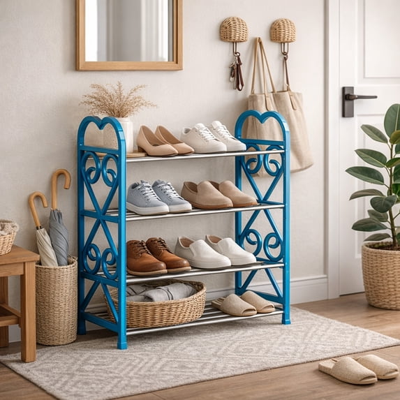 Three Tier Shoe Rack Organizer,Space-Saving Closet and Entryway Storage Solution,Durable Slatted Design for Shoes,Boots,Sandals,Suitable for Bedroom,Bathroom,Hallway or Mudroom Storage-Blue