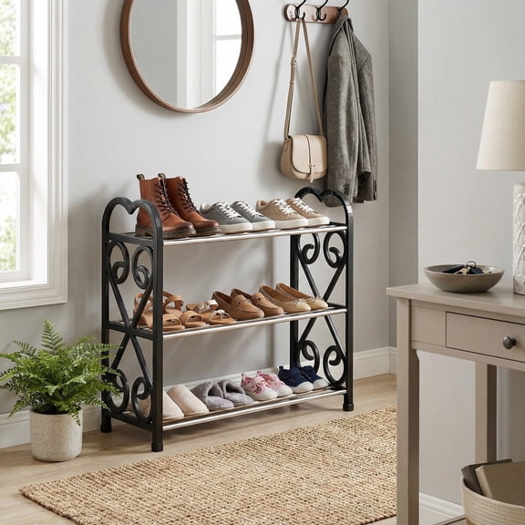 Three Tier Shoe Rack Organizer,Space-Saving Closet and Entryway Storage Solution,Durable Slatted Design for Shoes,Boots,Sandals,Suitable for Bedroom,Bathroom,Hallway or Mudroom Storage-Black