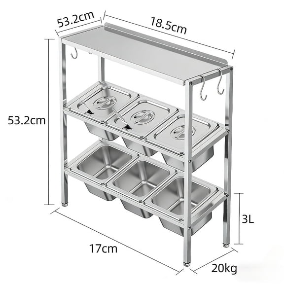 Three-Tier Slanted Commercial Stainless Steel Storage Rack with Lids for Organizing Jam, Powder, and Seasoning Containers in Beverage and Catering Kitchens
