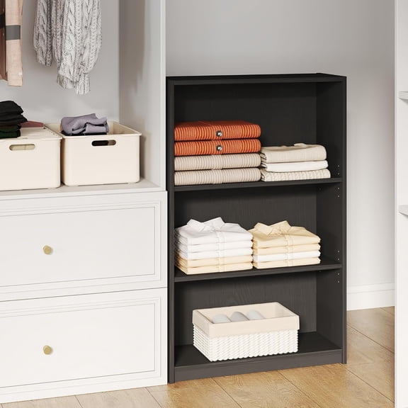 Three-Tier Small Closet Organizer with Adjustable Shelves, 24.4 Inches Wide Short Storage Cabinet with Two Shelves, Wood Small Closet Storage Unit for Bedroom, Laundry, Black