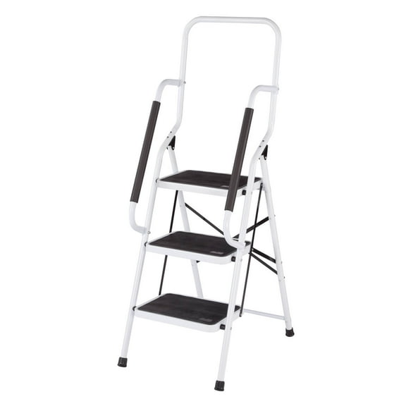 Three-Tier Step Ladder by LivingSURE, 300 lb Capacity, Space-Saving Foldable Design with Padded Handrails & Extra Wide Steps with Non-Slip Treads