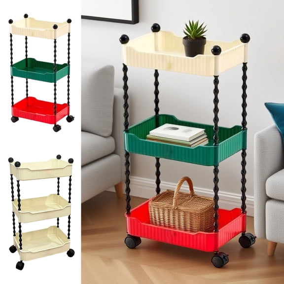 Three Tier Storage Cart | Mobile Snack Fruit Organizer with Lockable Wheels | Ventilated Shelves | Plastic Rolling Rack for Kitchen Bathroom Living Room | Multicolor | 65x33x23cm