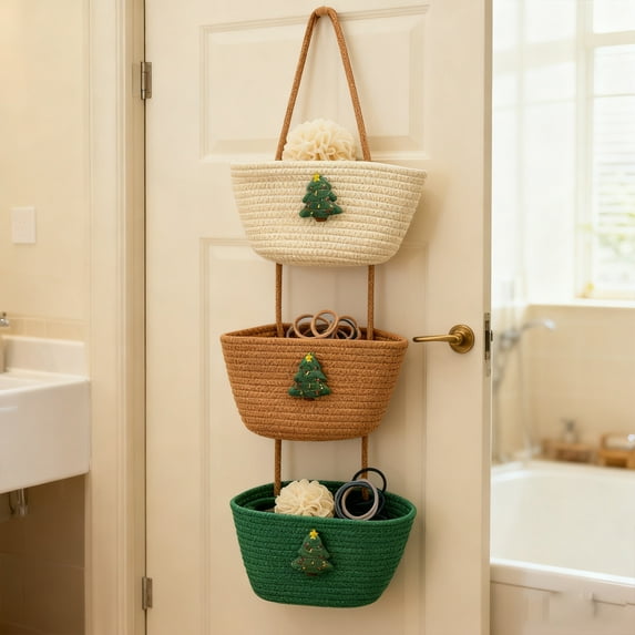 Three Tier Wall Mount Storage Organizer Cotton Hanging Basket for Bedroom Living Room Entryway Decor 1-Pack