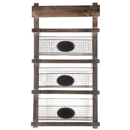 Three Tier Wooden Hanging Shelf with Wire Planter Baskets